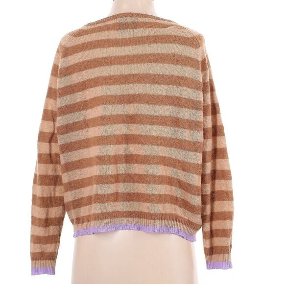 Jumper 1234 Nordstrom Tan Striped V-Neck Sweater contrast trim super soft Size M - Picture 4 of 6